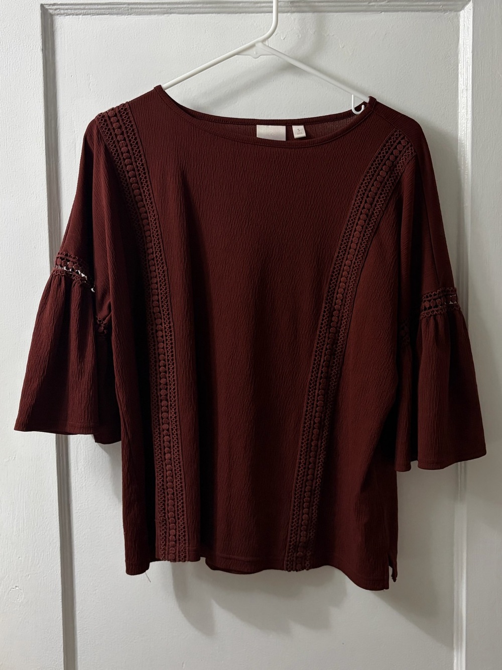 LC Lauren Conrad Maroon Lace-Trim Bell Sleeve Top
